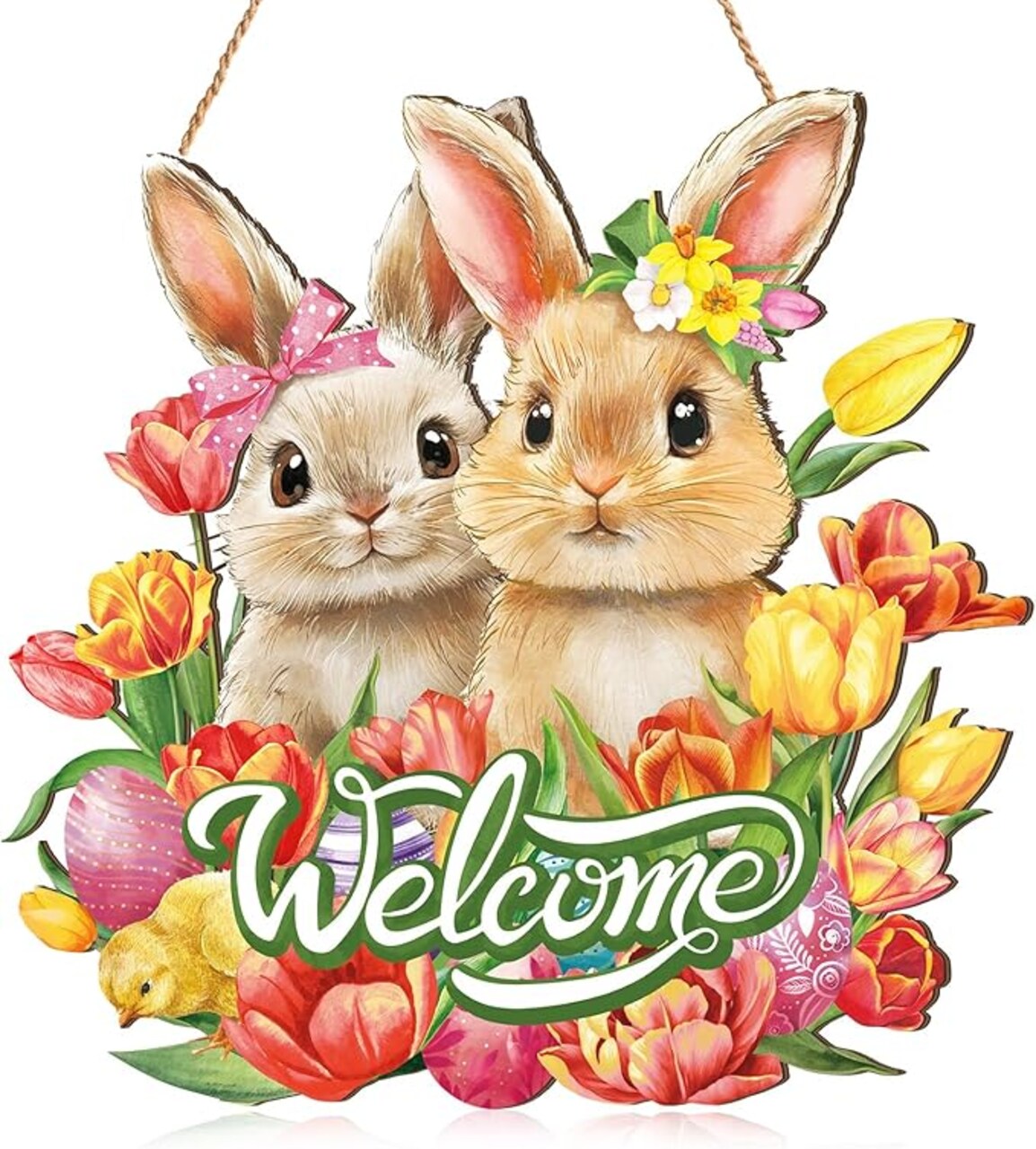 Easter Wreaths for Front Door Bunny Welcome Wood Sign Door Hanger Spring Decorations Easter Hanging Plaque Rabbit Sign Decorations for Home Coffee Shop Garden